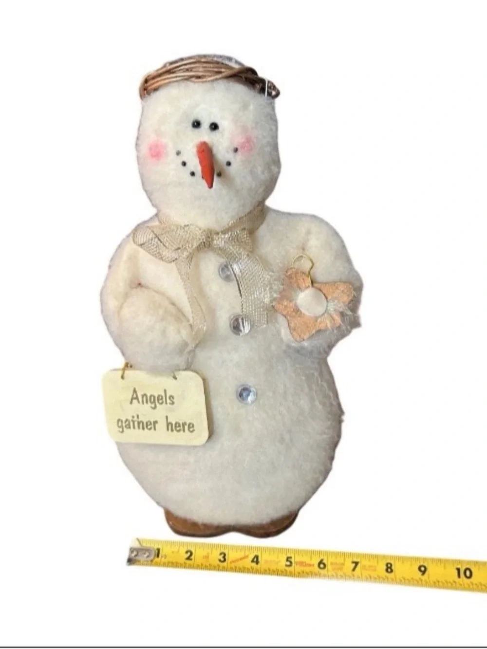 Standing Plush Snowman 13” Wood Base “Angels Gather Here” Vintage Home Decor